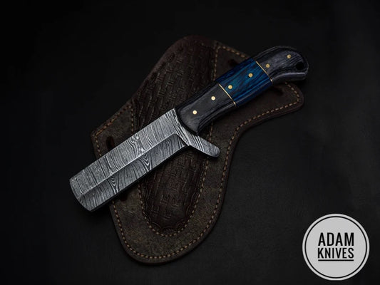 ADAM KNIVES CowBoy Bull Cutter Knife Hand Forged Damascus Steel EDC Knife With Leather Sheath Gift For Him / Her