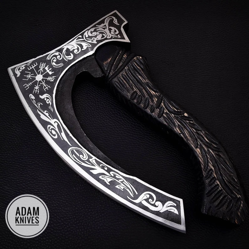 ADAM KNIVES Handmade Gift Forged Carbon Steel Viking Axe, Camping Hatchet with Wood Shaft