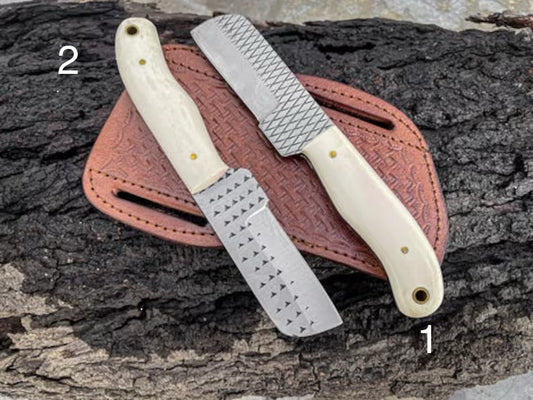 Bull Cutter Knife, 8.25-Inch Knife with Rasp Tool Steel Full Tang Blade, Bone Handle, Leather Sheath, gift for boy friend, gift for son