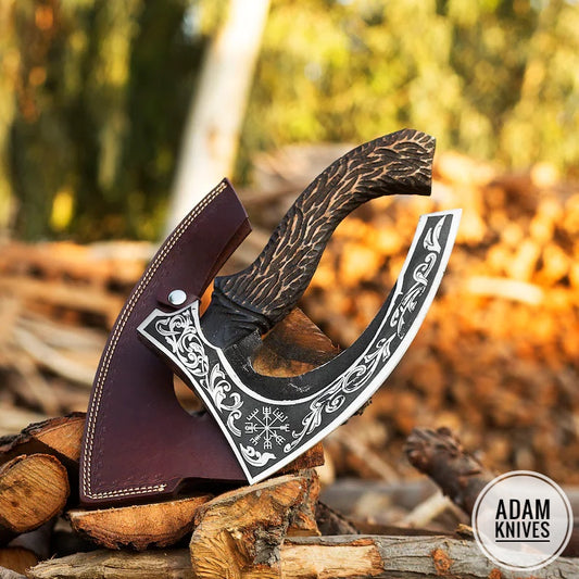 ADAM KNIVES Handmade Gift Forged Carbon Steel Viking Axe, Camping Hatchet with Wood Shaft