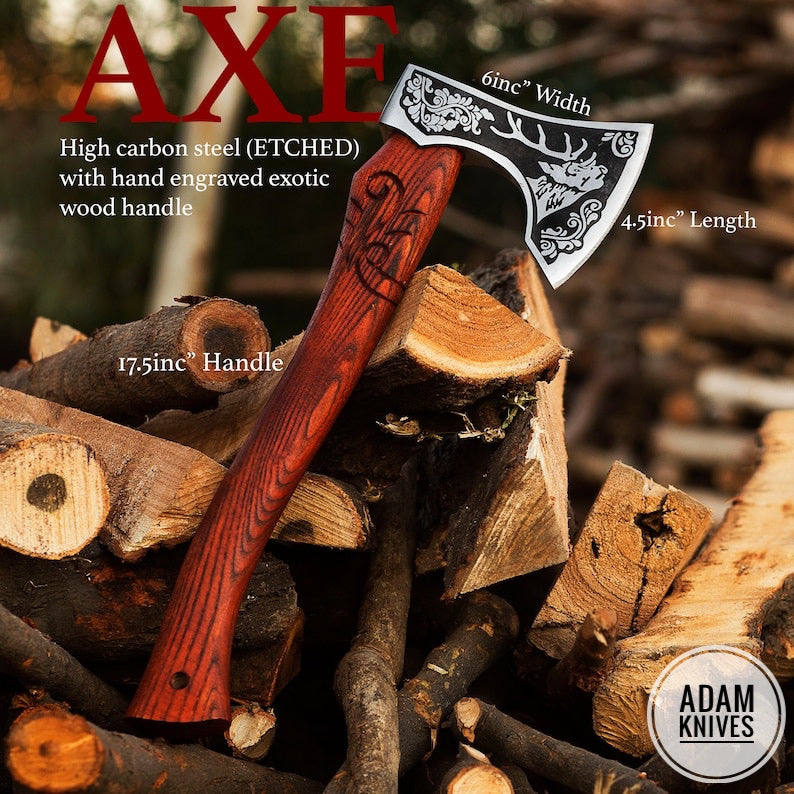 ADAM KNIVES Handmade Gift Forged Carbon Steel Viking Axe, Camping Hatchet with Rose Wood Shaft