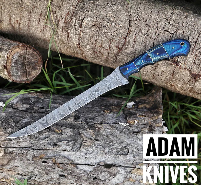 Custom Handmade Damascus Steel Fillet Knife with leather sheath