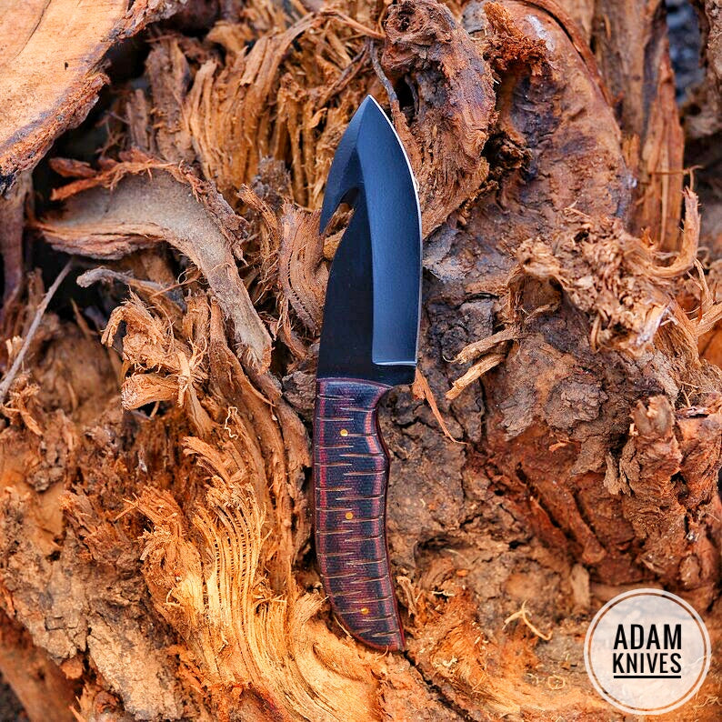 ADAM KNIVES Custom Handmade Damascus Steel Gut Hook Knife With Leather Sheath