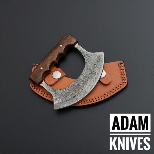 ADAM KNIVES Custom Handmade Damascus Steel Ulu Knife With Leather Sheath