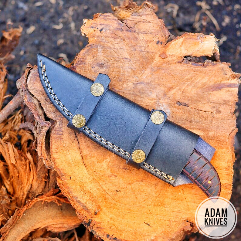 ADAM KNIVES Custom Handmade Damascus Steel Gut Hook Knife With Leather Sheath