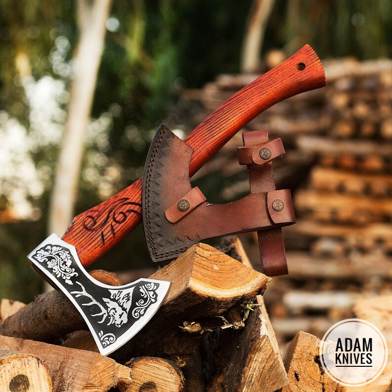 ADAM KNIVES Handmade Gift Forged Carbon Steel Viking Axe, Camping Hatchet with Rose Wood Shaft