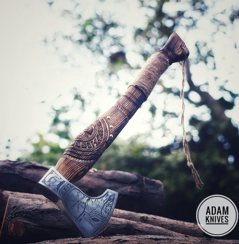 ADAM KNIVES Handmade Gift Forged Carbon Steel Viking Axe, Camping Hatchet with Ash Wood Shaft