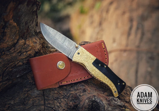 Custom Handmade Damascus Steel Folding Knife With Leather Sheath