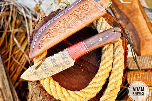 ADAM KNIVES Custom Handmade Damascus Steel Gut Hook Knife With Leather Sheath