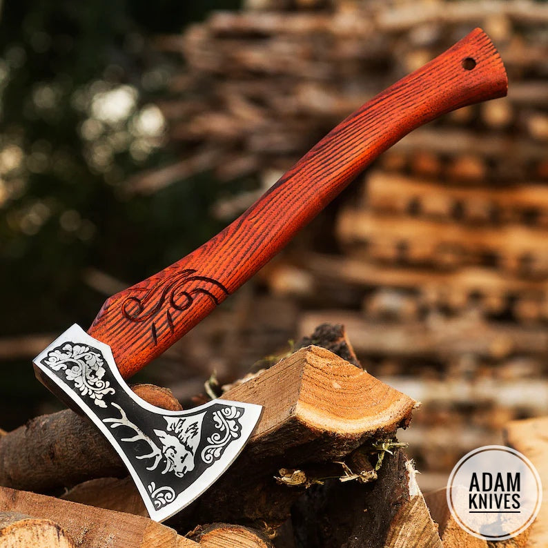 ADAM KNIVES Handmade Gift Forged Carbon Steel Viking Axe, Camping Hatchet with Rose Wood Shaft