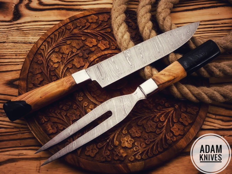 Custom Handmade Damascus Steel Carving Knife Fork Set , Barbecue Roast Fork and Knife