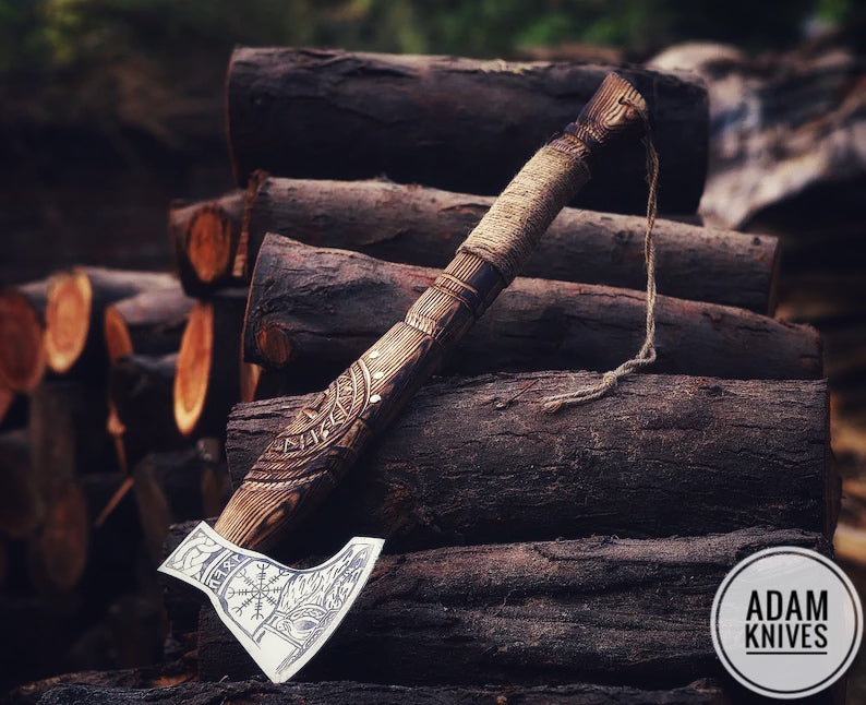 ADAM KNIVES Handmade Gift Forged Carbon Steel Viking Axe, Camping Hatchet with Ash Wood Shaft