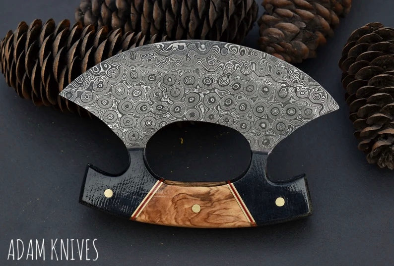 Damascus Steel Ulu Knife Kitchen Knife Custom Handmade Olive Wood and Micarta Handle With leather Sheath