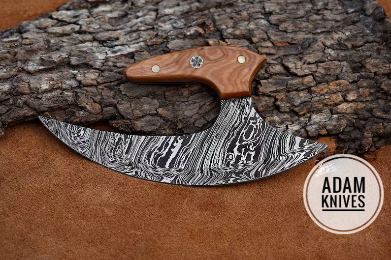 Damascus Steel Ulu Knife Kitchen Knife Custom Handmade Olive Wood Handle With leather Sheath