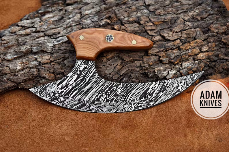 Damascus Steel Ulu Knife Kitchen Knife Custom Handmade Olive Wood Handle With leather Sheath