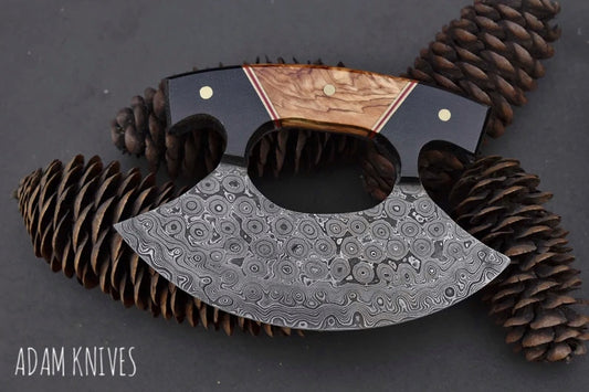 Damascus Steel Ulu Knife Kitchen Knife Custom Handmade Olive Wood and Micarta Handle With leather Sheath