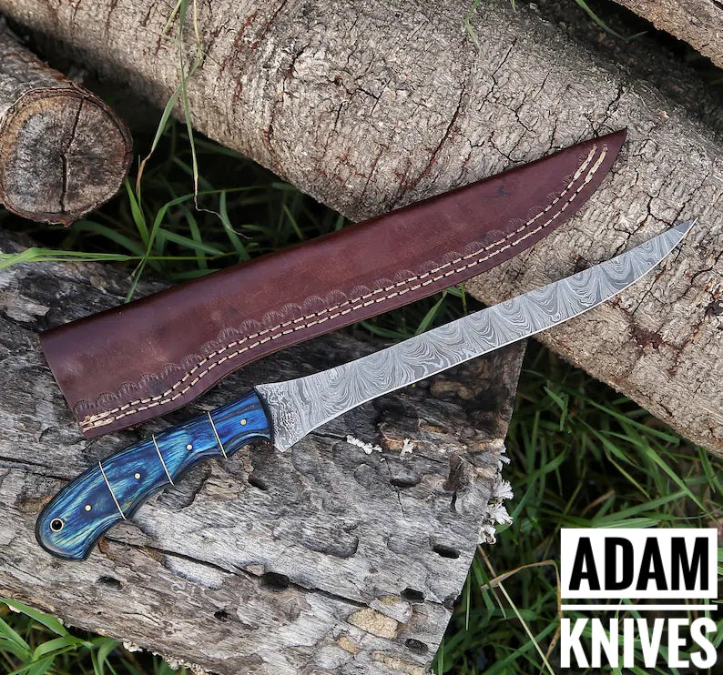 Custom Handmade Damascus Steel Fillet Knife with leather sheath