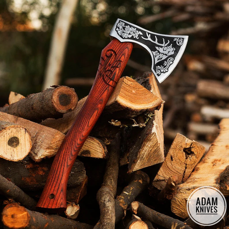 ADAM KNIVES Handmade Gift Forged Carbon Steel Viking Axe, Camping Hatchet with Rose Wood Shaft