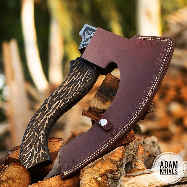 ADAM KNIVES Handmade Gift Forged Carbon Steel Viking Axe, Camping Hatchet with Wood Shaft