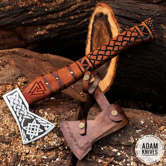 ADAM KNIVES Handmade Gift Forged Carbon Steel Viking Axe, Camping Hatchet with Ash Wood Shaft