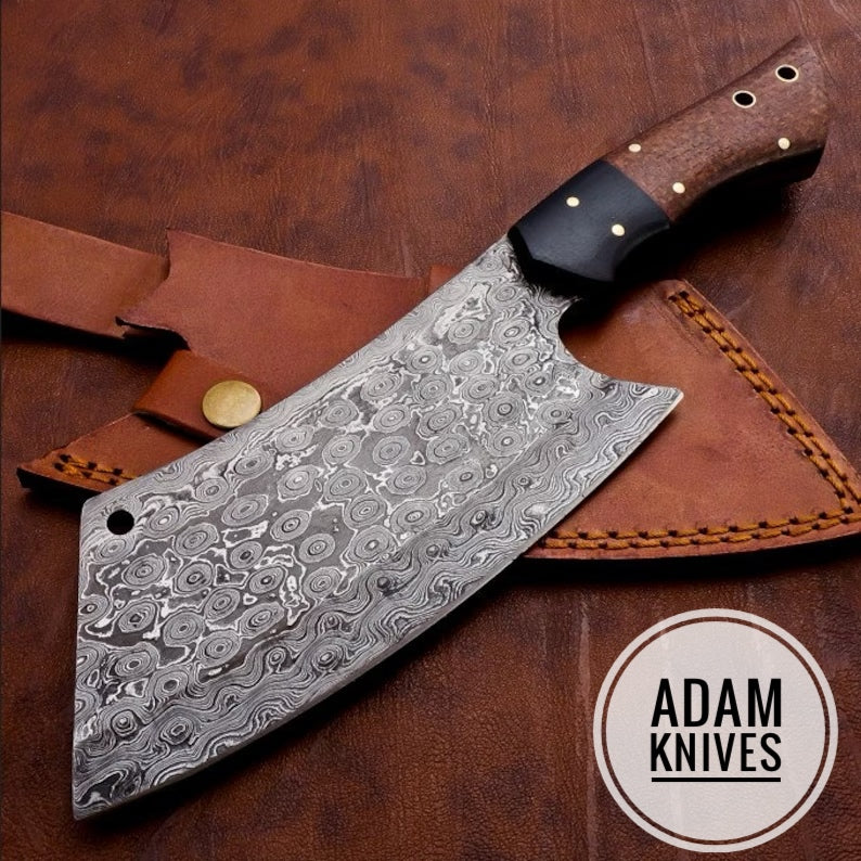 Custom Handmade Damascus Steel Cleaver Chopper Chef Kitchen Knife Heavy Duty Damascus Steel Cleaver Comes With Leather Sheath, Butcher Cleaver