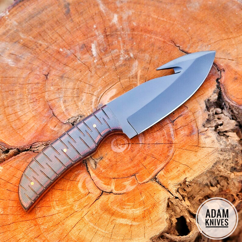 ADAM KNIVES Custom Handmade Damascus Steel Gut Hook Knife With Leather Sheath