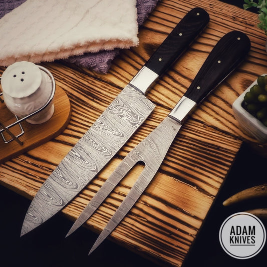 Custom Handmade Damascus Steel Carving Knife Fork Set , Barbecue Roast Fork and Knife