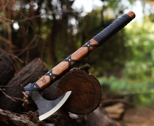 ADAM KNIVES Handmade Gift Forged Carbon Steel Viking Axe, Camping Hatchet with Rose Wood Shaft (Ragnar Axe)