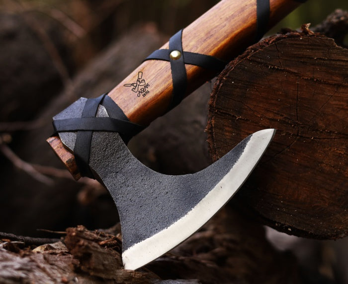 ADAM KNIVES Handmade Gift Forged Carbon Steel Viking Axe, Camping Hatchet with Rose Wood Shaft (Ragnar Axe)