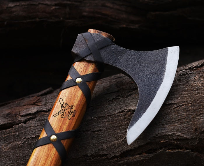 ADAM KNIVES Handmade Gift Forged Carbon Steel Viking Axe, Camping Hatchet with Rose Wood Shaft (Ragnar Axe)