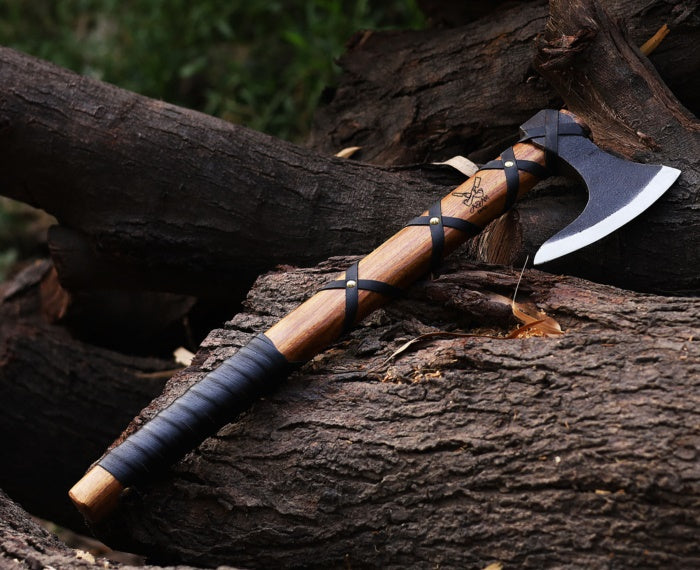 ADAM KNIVES Handmade Gift Forged Carbon Steel Viking Axe, Camping Hatchet with Rose Wood Shaft (Ragnar Axe)