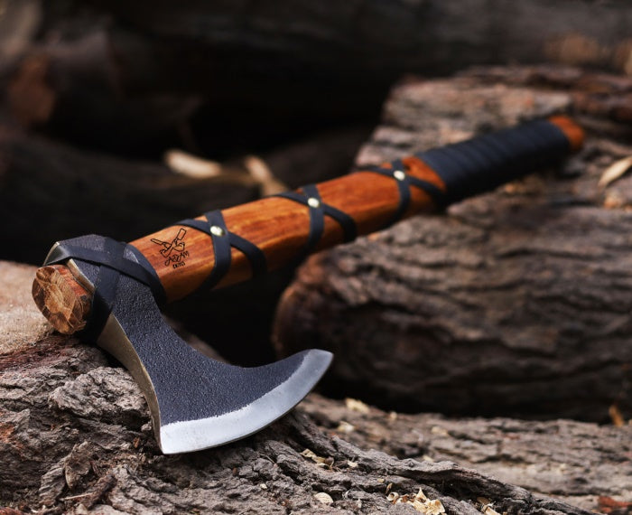 ADAM KNIVES Handmade Gift Forged Carbon Steel Viking Axe, Camping Hatchet with Rose Wood Shaft (Ragnar Axe)