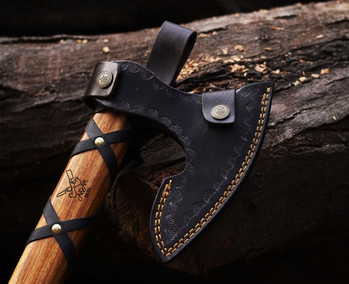 ADAM KNIVES Handmade Gift Forged Carbon Steel Viking Axe, Camping Hatchet with Rose Wood Shaft (Ragnar Axe)