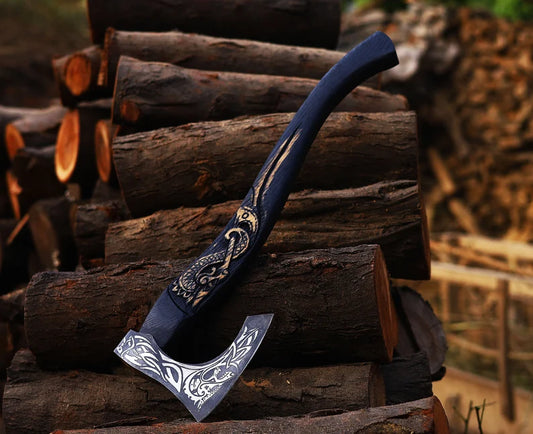 ADAM KNIVES Handmade Gift Forged Carbon Steel Viking Axe, Camping Hatchet with Ash Wood Shaft