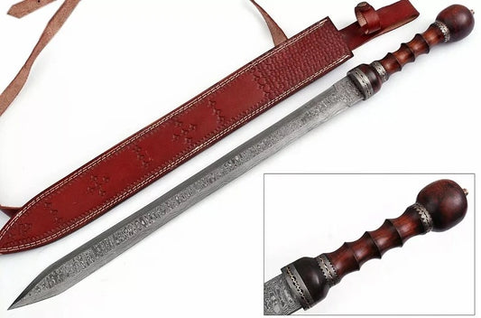 Custom Handmade Damascus Steel Viking Sword, Battle Sword With Leather Sheath