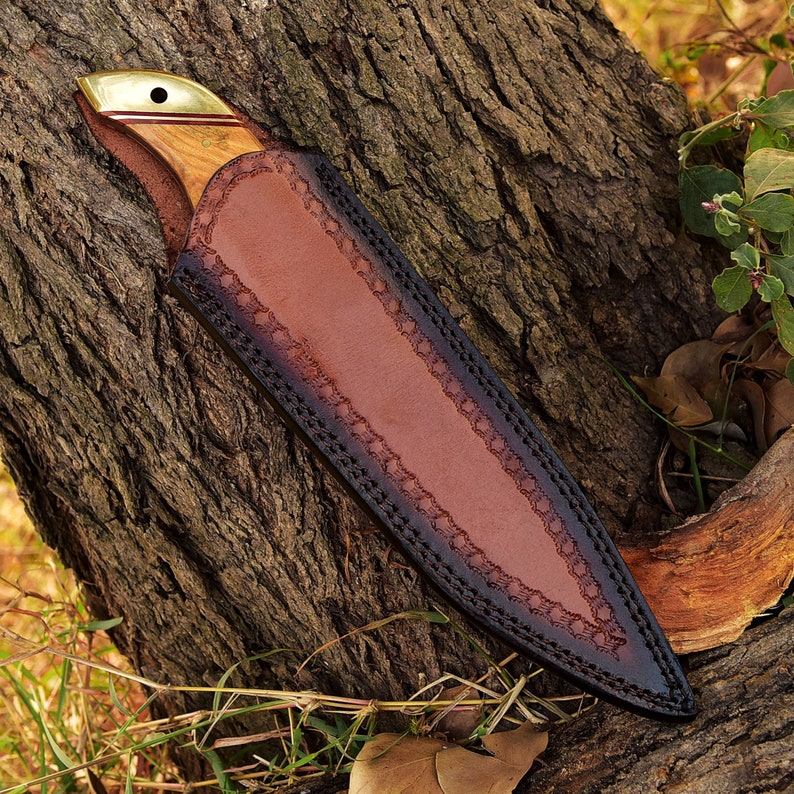 Damascus Steel Tanto Hunting Knife w/ Genuine Leather Sheath