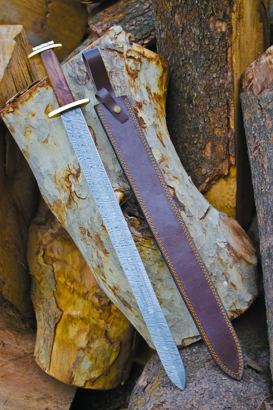 Damascus Steel Valhalla Sword | Wood Grip Handle | Leather Cover Sheath. Handmade Viking Sword