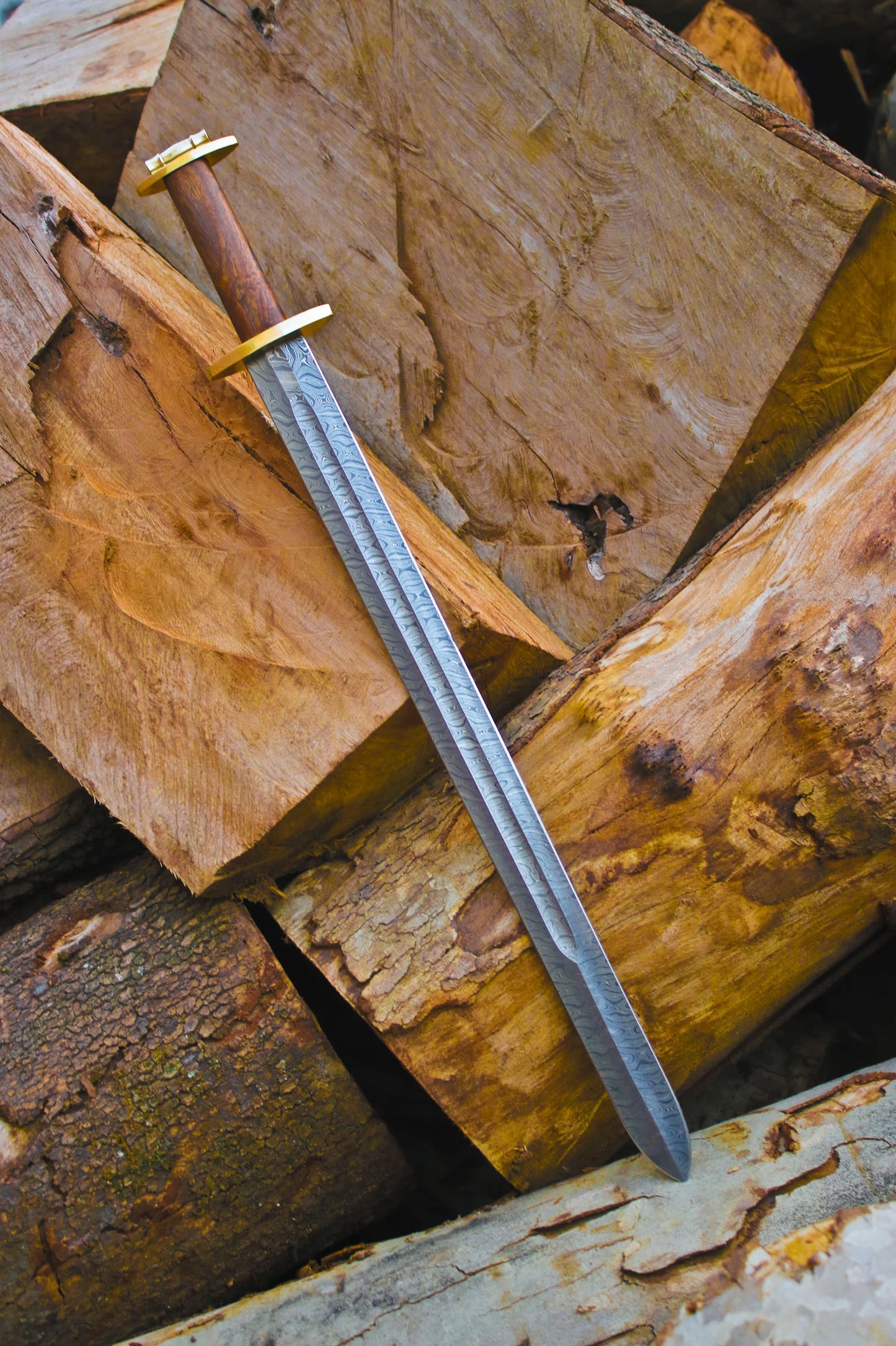 Damascus Steel Valhalla Sword | Wood Grip Handle | Leather Cover Sheath. Handmade Viking Sword