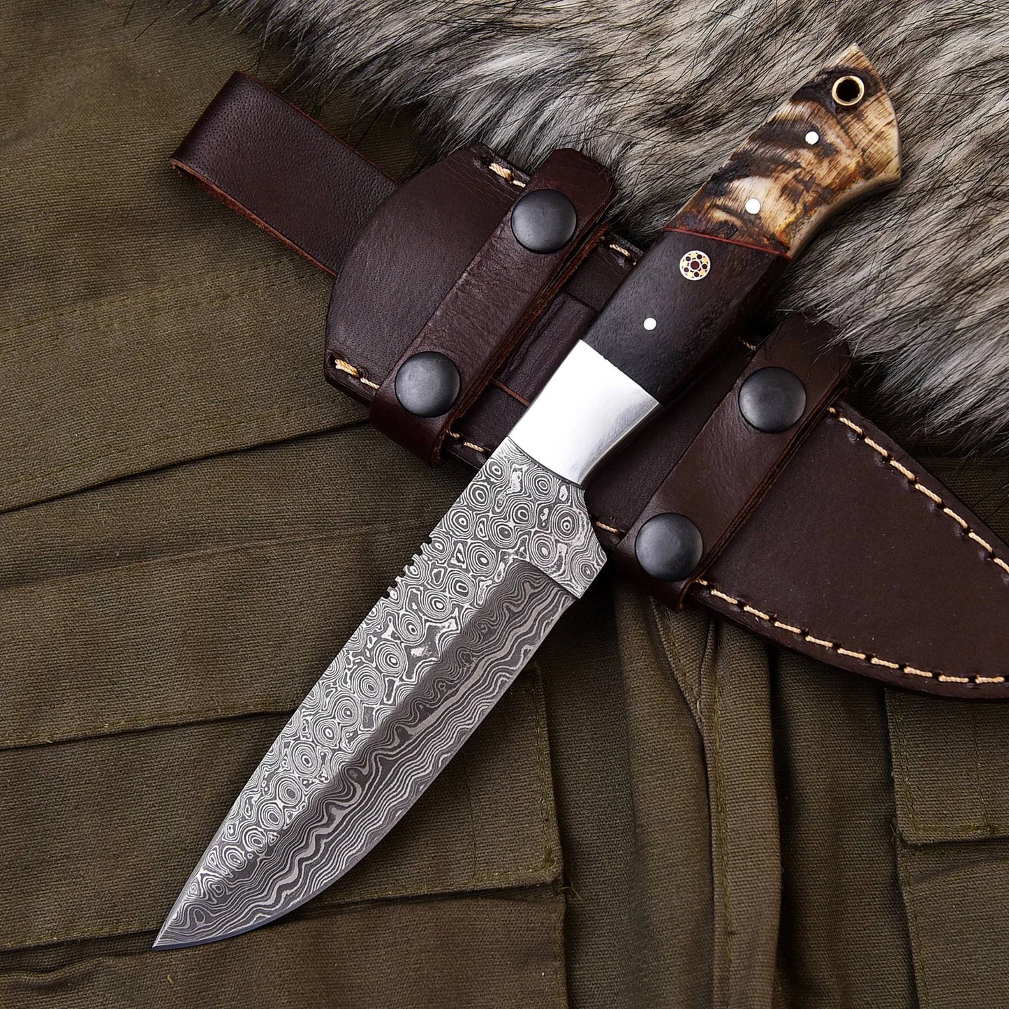 Handmade Fixed Blade Damascus Steel Hunting Skinner Knife With Leather Sheath (Exotic wood And Ram Horn Handle)