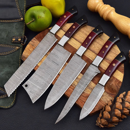 chef set 5 piece handmade knives Handmade Damascus steel knives Chef Set With Leather Sheath Cover