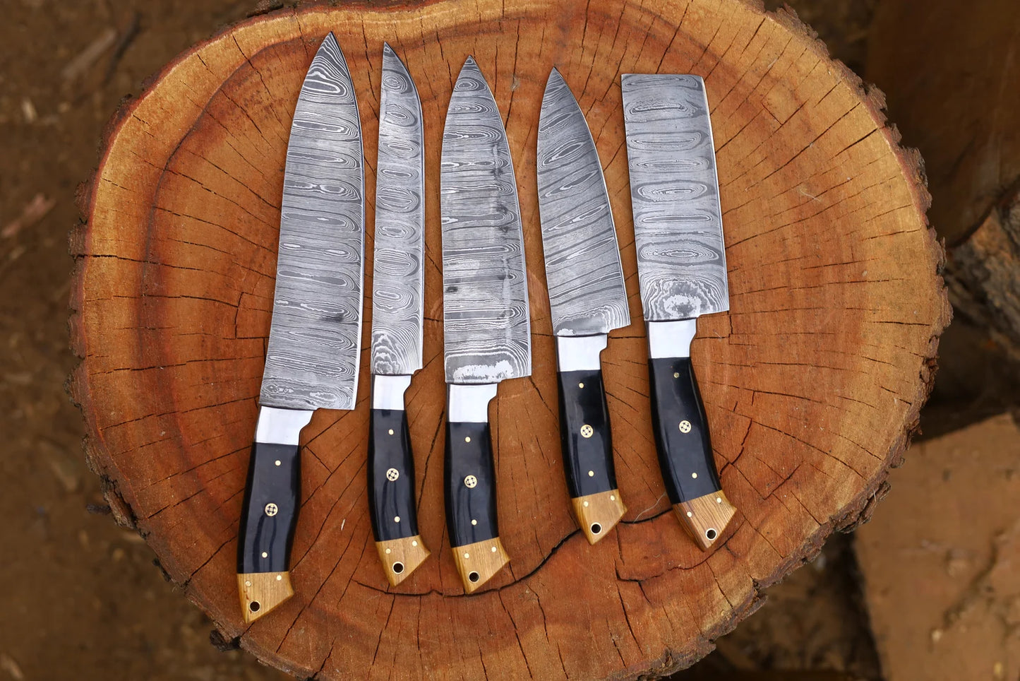 Set Damascus Steel Blade With black Handle Kitchen Knives Set,hand forged knives,best knives, Birthday Gift ,gifts for dad