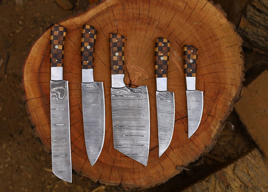 Set 5 Pcs Damascus Steel Blade With Wood Handle Kitchen Knives Set Birthday Gift for Him Father's Day Gifts