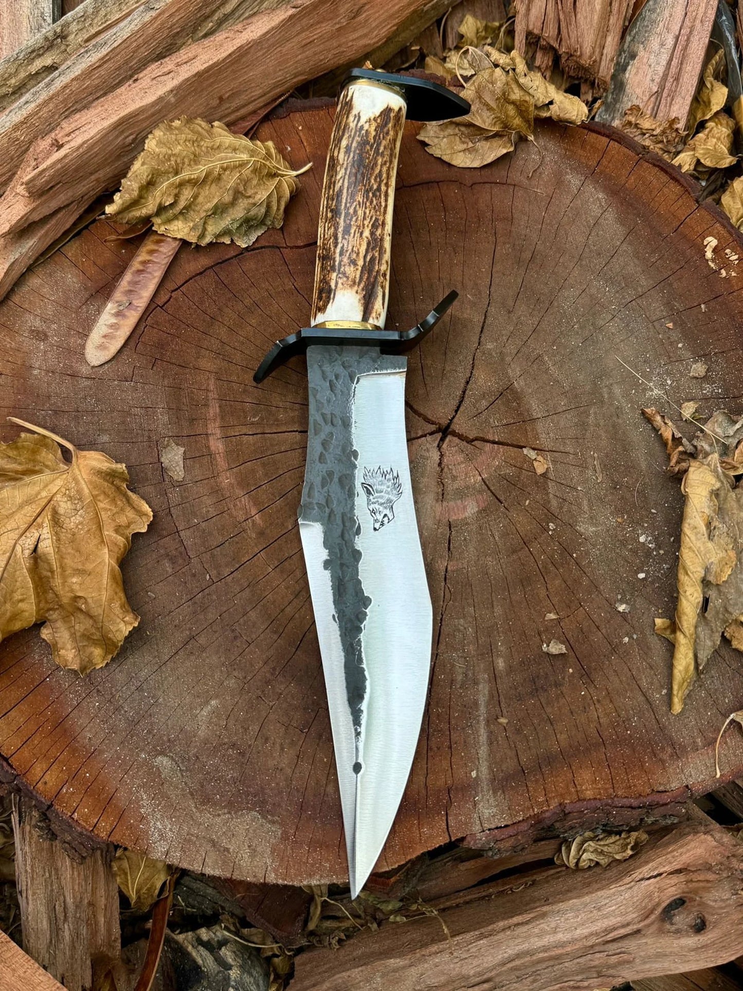 Handmade Damascus Knives 15" Stag/Antler Handle,D2 Steel, Forged Knife ,Engraved knife, Comping knife ,Hunting Bowie Knife