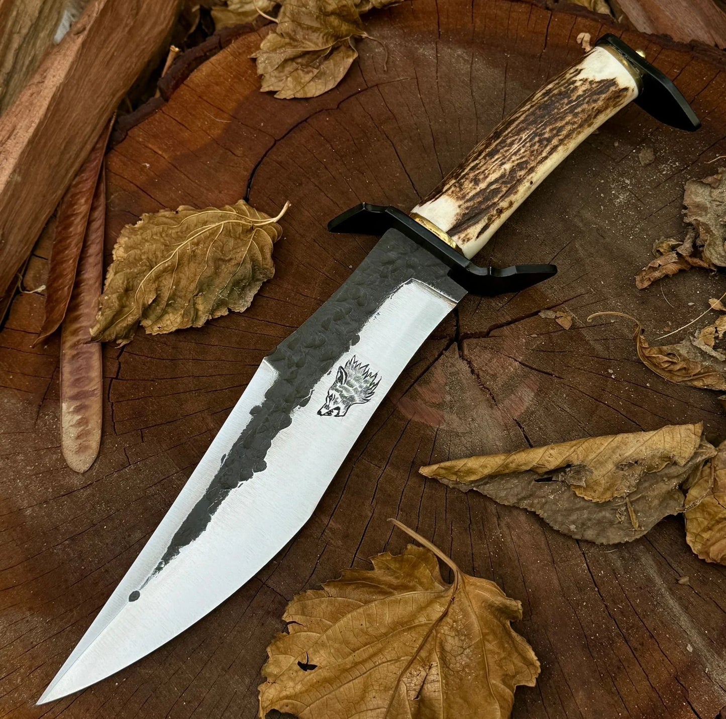 Handmade Damascus Knives 15" Stag/Antler Handle,D2 Steel, Forged Knife ,Engraved knife, Comping knife ,Hunting Bowie Knife