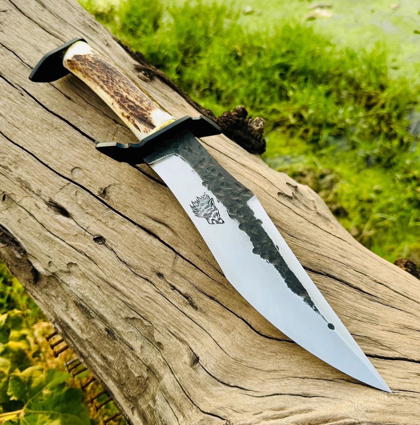 Handmade Damascus Knives 15" Stag/Antler Handle,D2 Steel, Forged Knife ,Engraved knife, Comping knife ,Hunting Bowie Knife