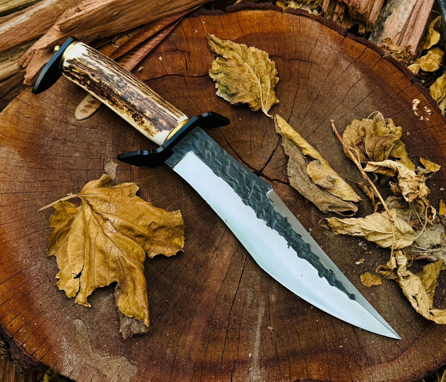 Handmade Damascus Knives 15" Stag/Antler Handle,D2 Steel, Forged Knife ,Engraved knife, Comping knife ,Hunting Bowie Knife