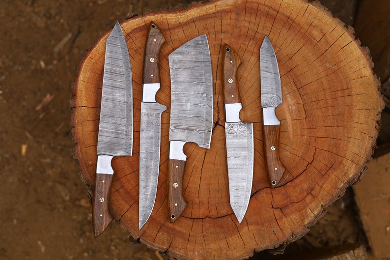 Set 5 Pcs Damascus Steel Blade With Wood Handle Kitchen Knives Set Birthday Gift for Him Father's Day Gifts