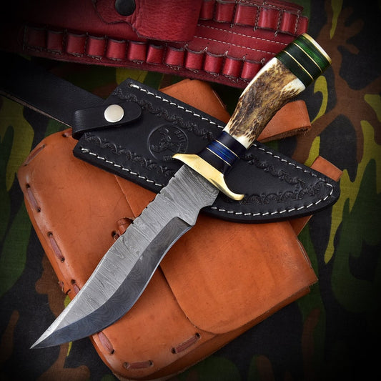 Damascus Outdoor Hunting Knife - Fixed Blade Clip Point Damascus Steel Knife w Deer Staghorn Antler Handle