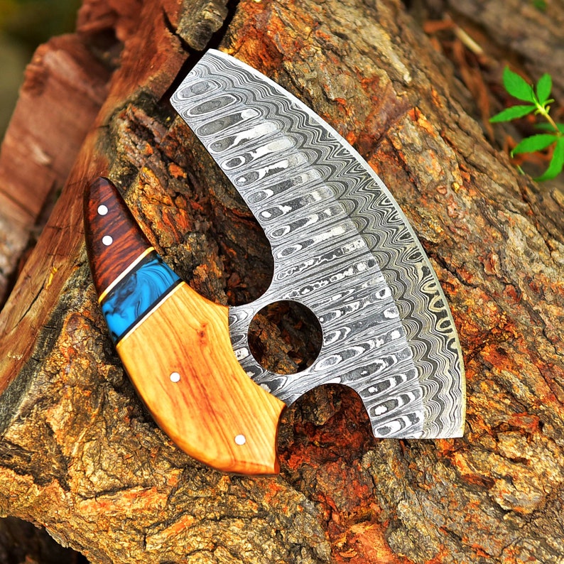 Handmade Damascus Ulu Knife Vintage Alaskan Kitchen Knife Chef Knife Comes With Genuine Leather Sheath