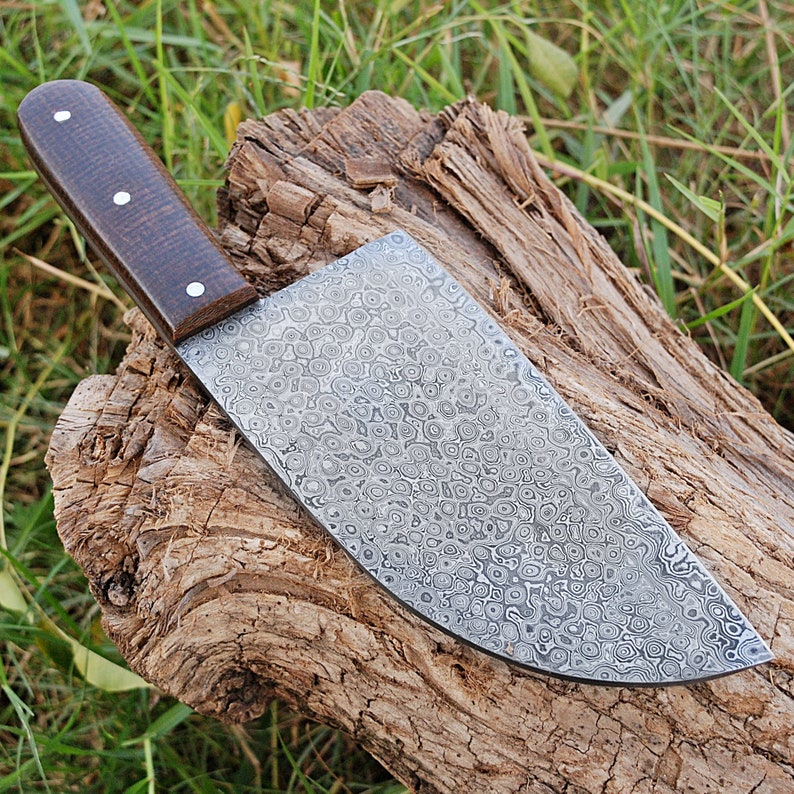 Damascus Steel Serbian Cleaver Knife - Handmade Full Tang Collectible Blended Steel Kitchen Knife with Leather Sheath